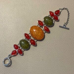 Silver Bracelet With Orange, Pink & Green Stones